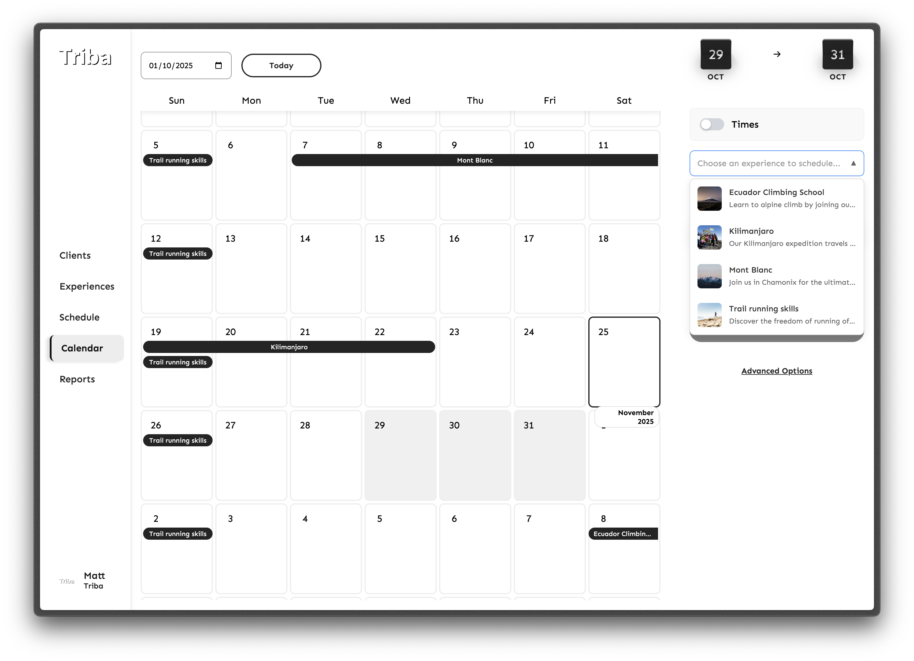 Calendar view with the panel open